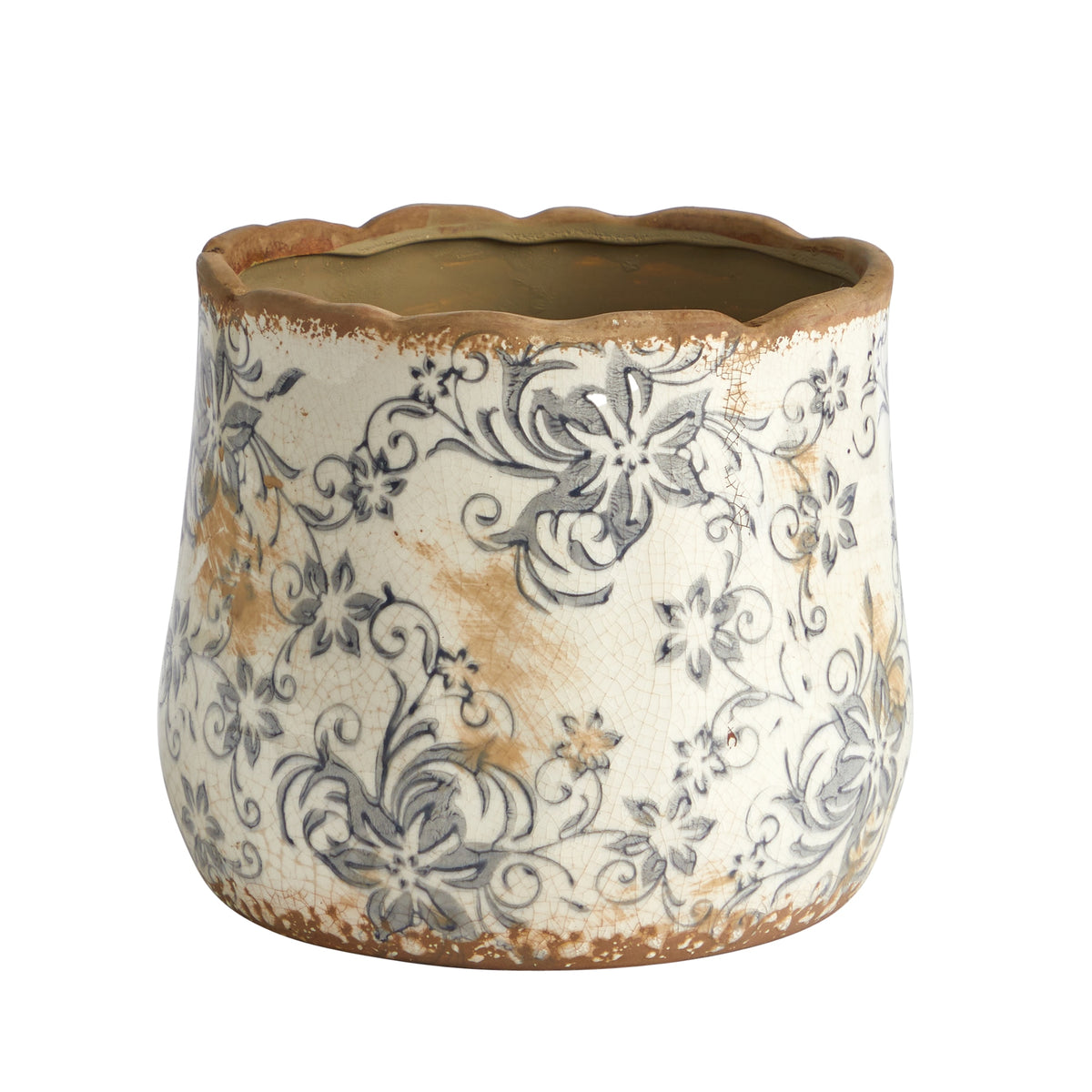7" Tuscan Ceramic Gray Scroll Planter by Nearly Natural