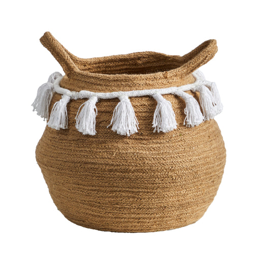 11" Boho Chic Handmade Cotton Woven Basket with Tassels by Nearly Natural