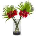 27" Calla Lily and Fan Palm in Cylinder Glass by Nearly Natural in Red