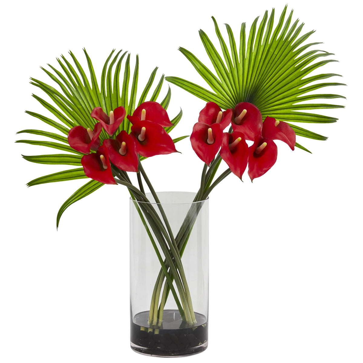 27" Calla Lily and Fan Palm in Cylinder Glass by Nearly Natural in Red