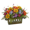 14" Mixed Floral Artificial Arrangement in Wood Planter by Nearly Natural