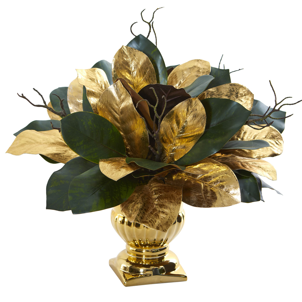 18" Magnolia Leaf Artificial Arrangement in Gold Planter by Nearly Natural