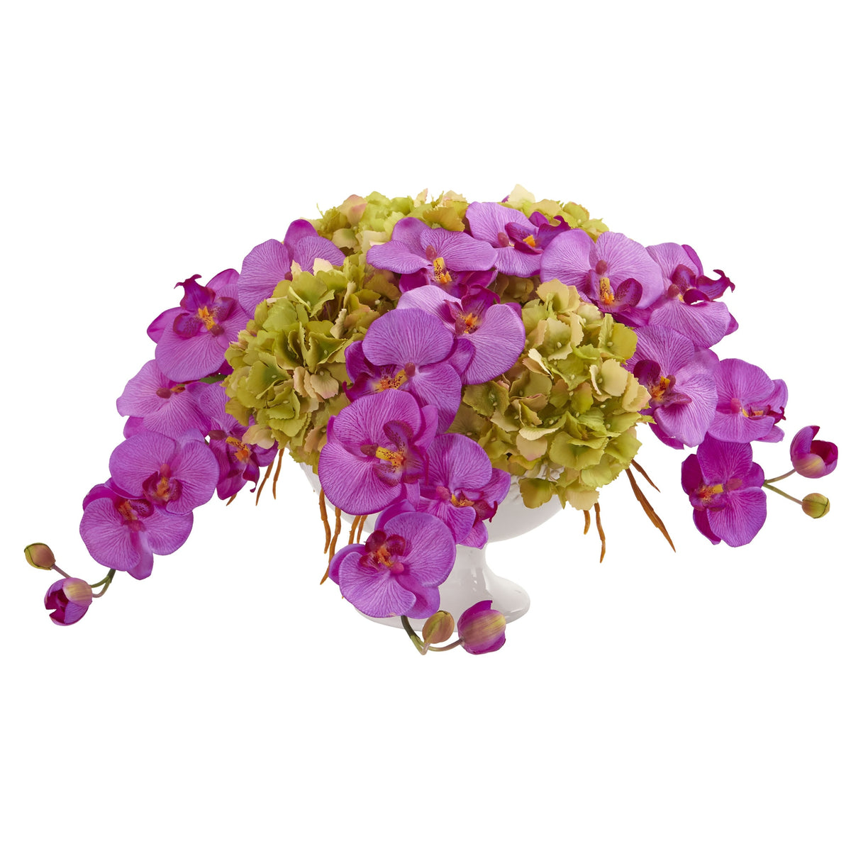 11" Phaleanopsis and Hydrangea Arrangement in Pedestal Urn by Nearly Natural in Orchid