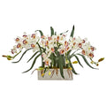 15" Cymbidium Artificial Arrangement in White Vase by Nearly Natural in White