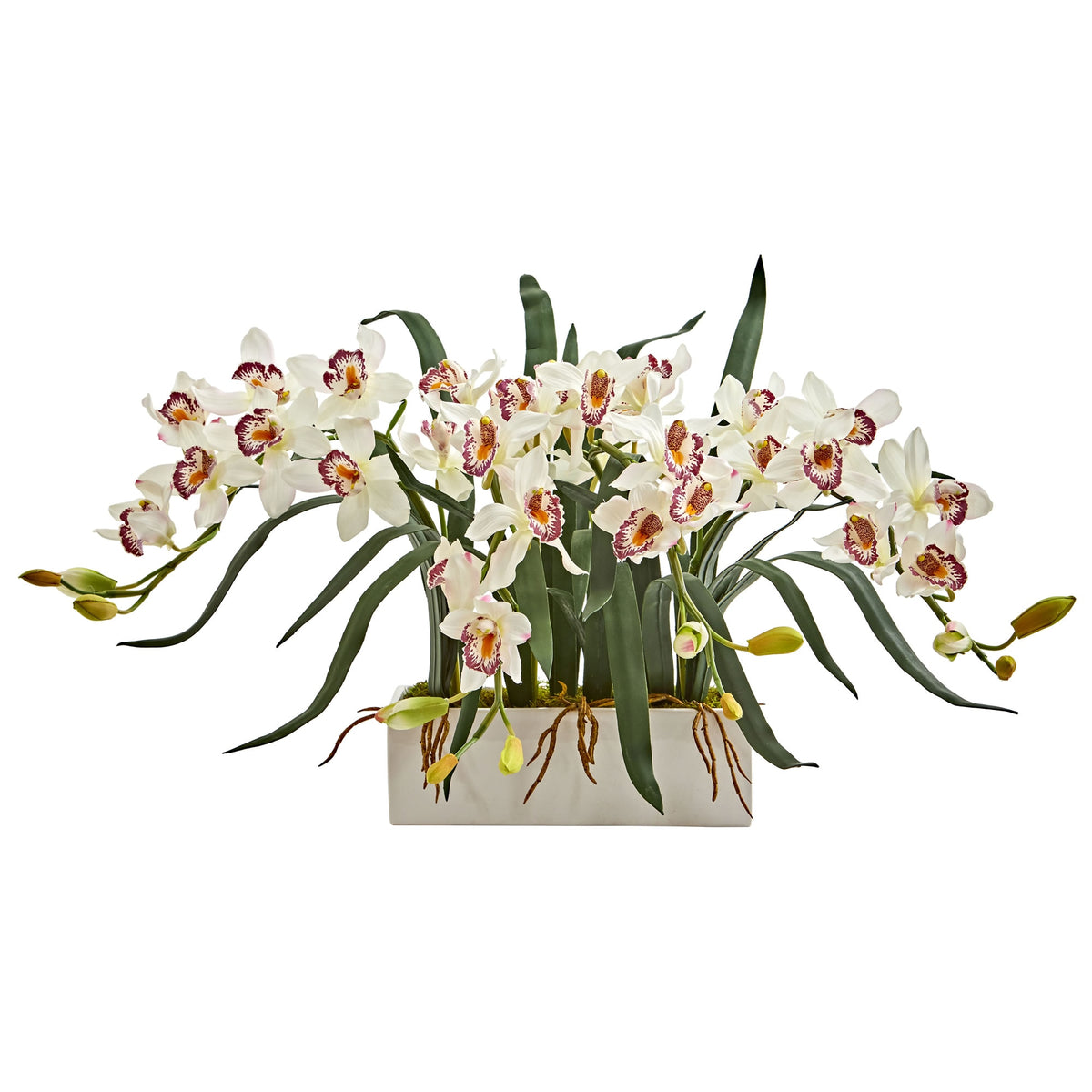 15" Cymbidium Artificial Arrangement in White Vase by Nearly Natural in White