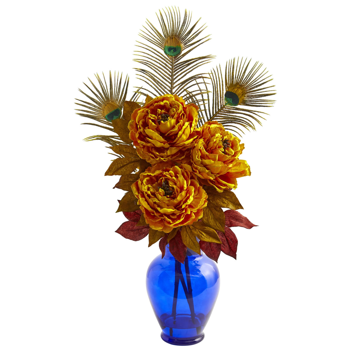 27" Peony in Blue Vase Artificial Arrangement by Nearly Natural in Yellow