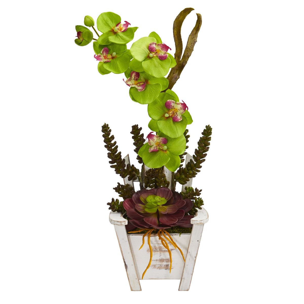Phalaenopsis Orchid & Succulent Arrangement in Chair Planter by Nearly Natural in Green