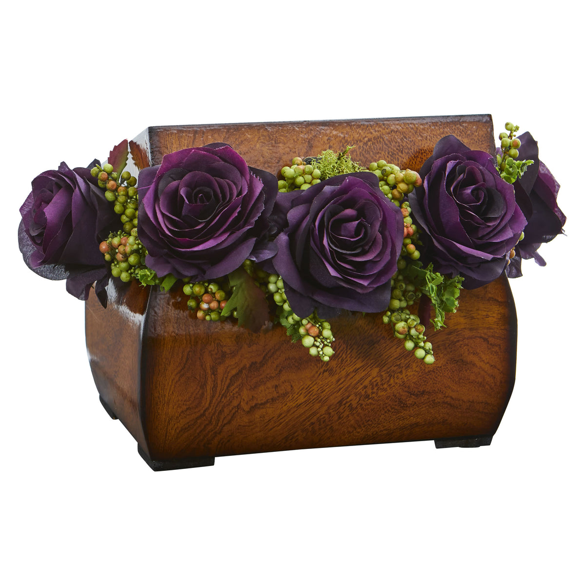 8" Roses Artificial Arrangement in Decorative Chest by Nearly Natural in Purple Elegance