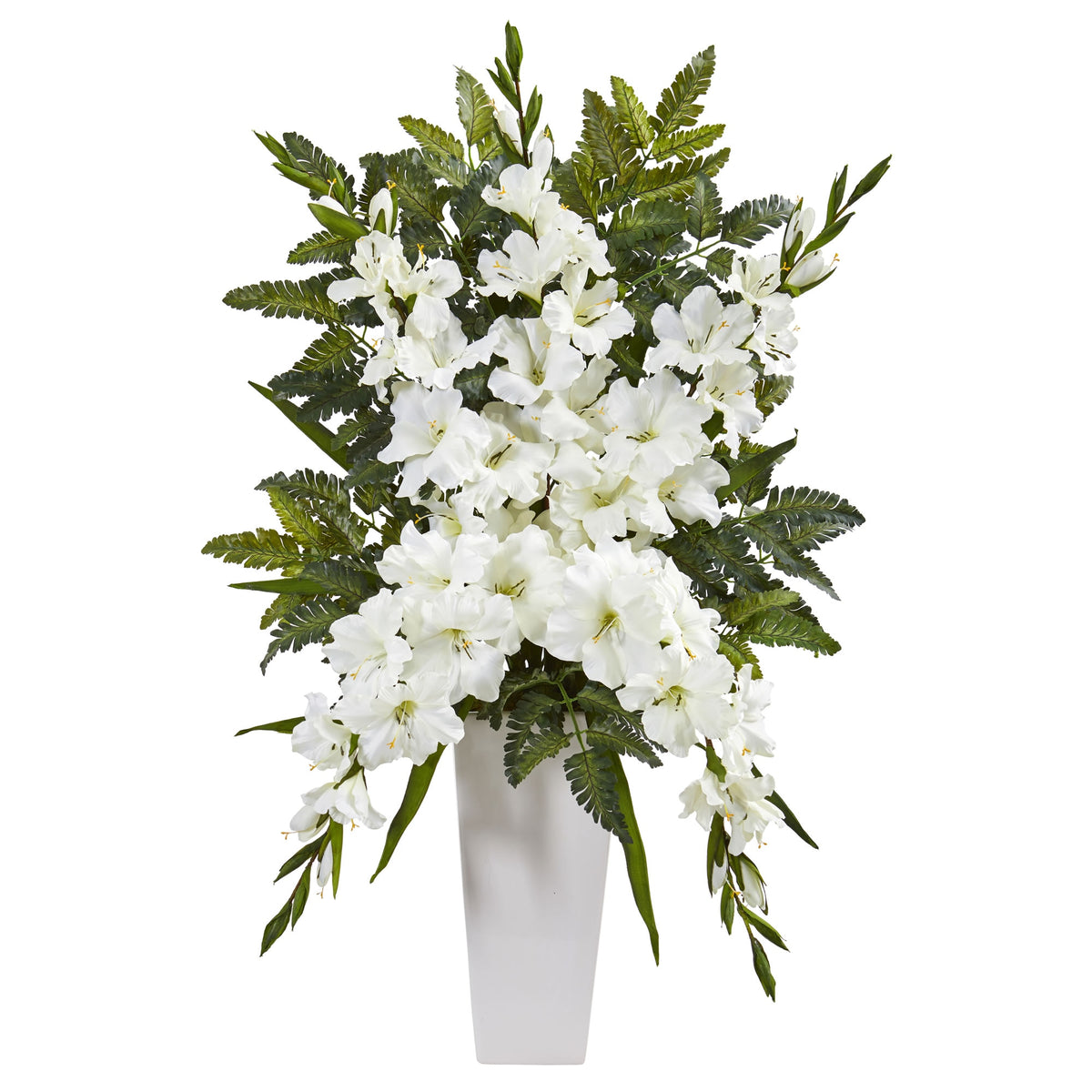 35" Gladiolas & Fern Artificial Arrangement in White Vase by Nearly Natural in White