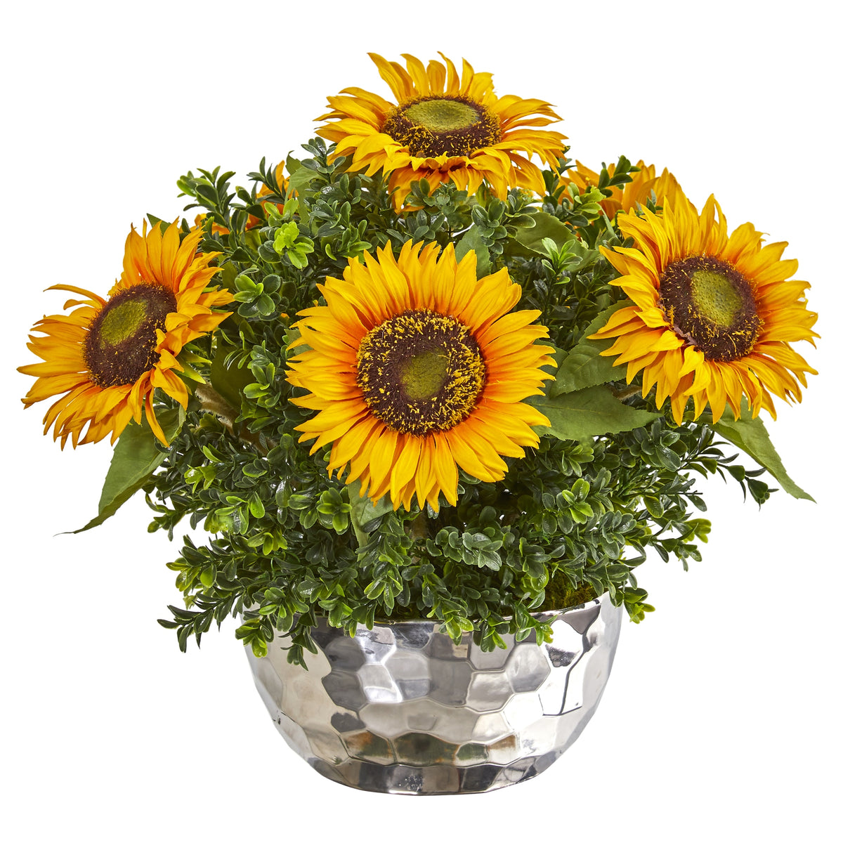 16" Sunflower Artificial Arrangement in Silver Vase by Nearly Natural