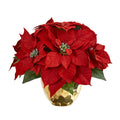 11" Poinsettia Artificial Arrangement in Golden Vase by Nearly Natural