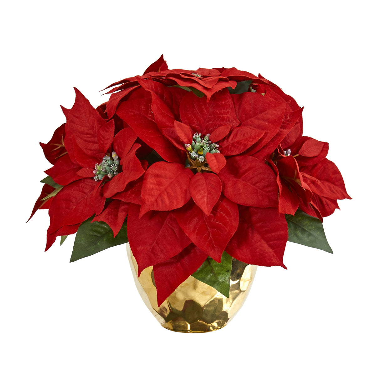11" Poinsettia Artificial Arrangement in Golden Vase by Nearly Natural