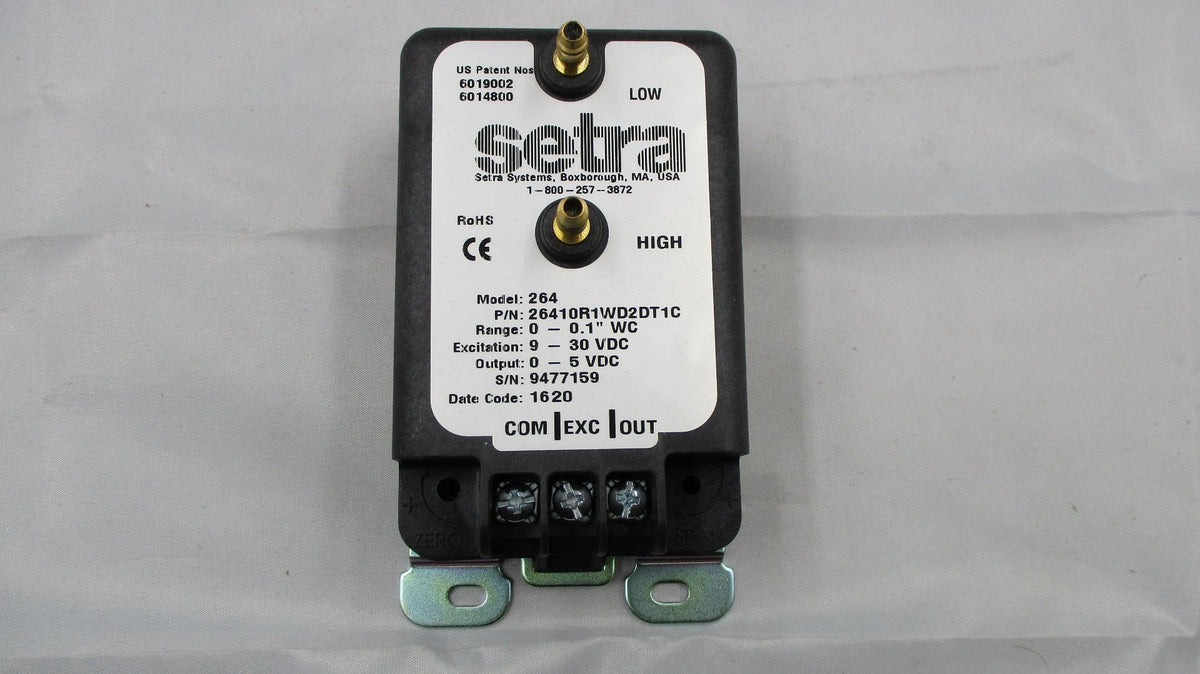 Setra Systems Pressure Transducer, 0-0.1" WC, 0-5 VDC, Terminal Strip, +/-1% FS 26410R1WD2DT1C