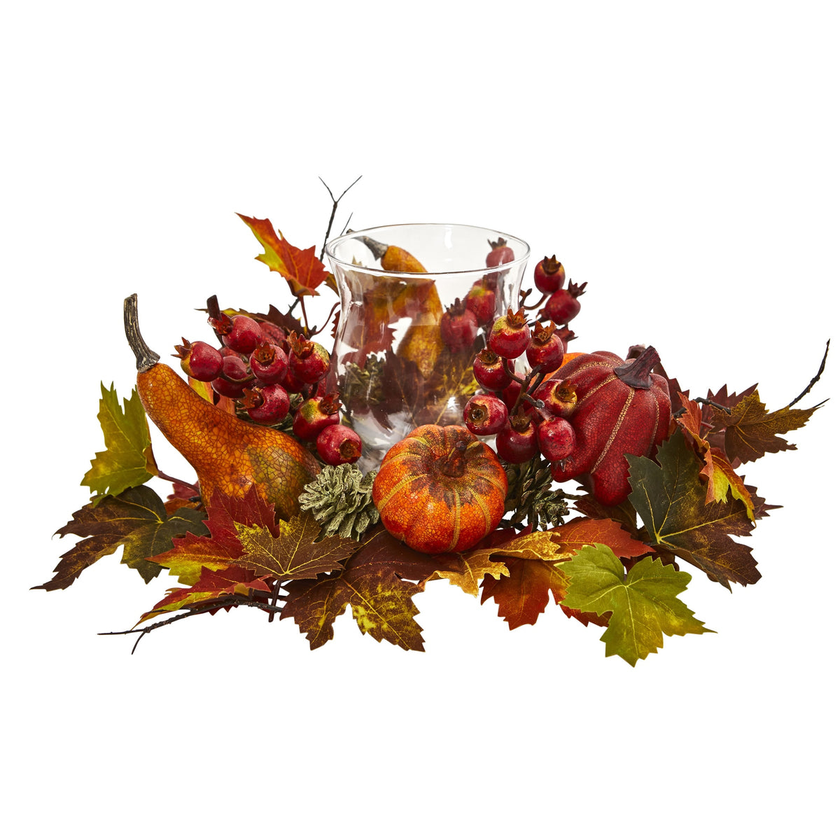 16" Pumpkin, Gourd, Berry and Maple Leaf Candelabrum by Nearly Natural