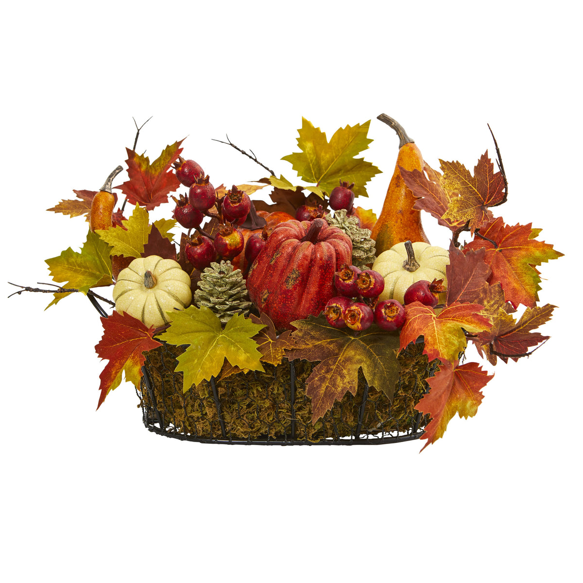 9" Pumpkin, Gourd, Berry and Maple Leaf Arrangement by Nearly Natural
