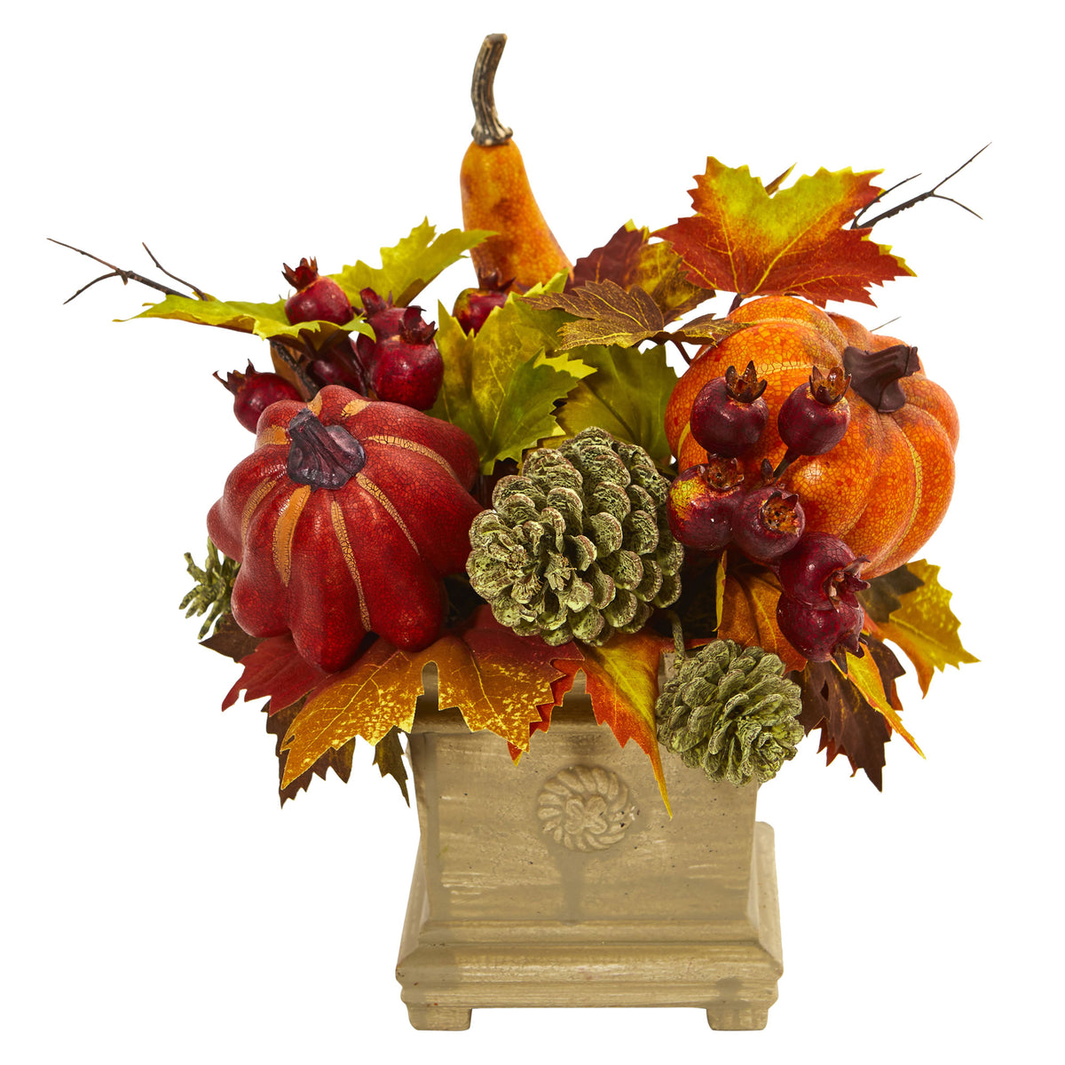 11" Pumpkin, Gourd, Berry and Maple Leaf Arrangement by Nearly Natural
