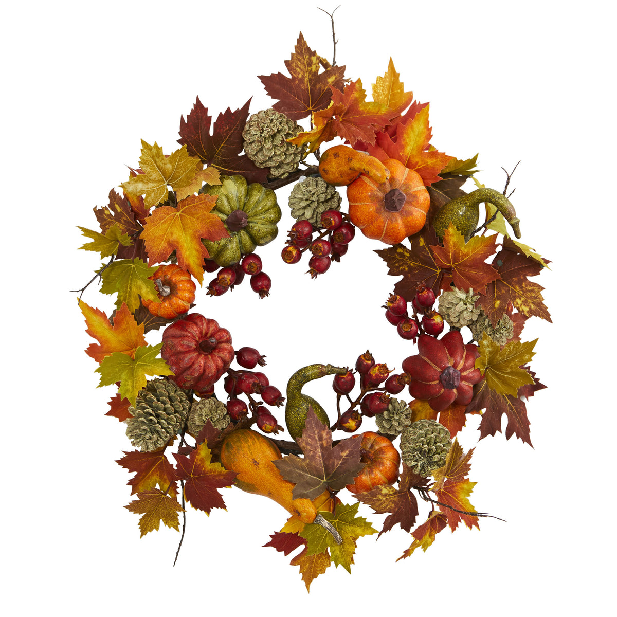 24" Pumpkin Gourd Berry and Maple Leaf Wreath by Nearly Natural