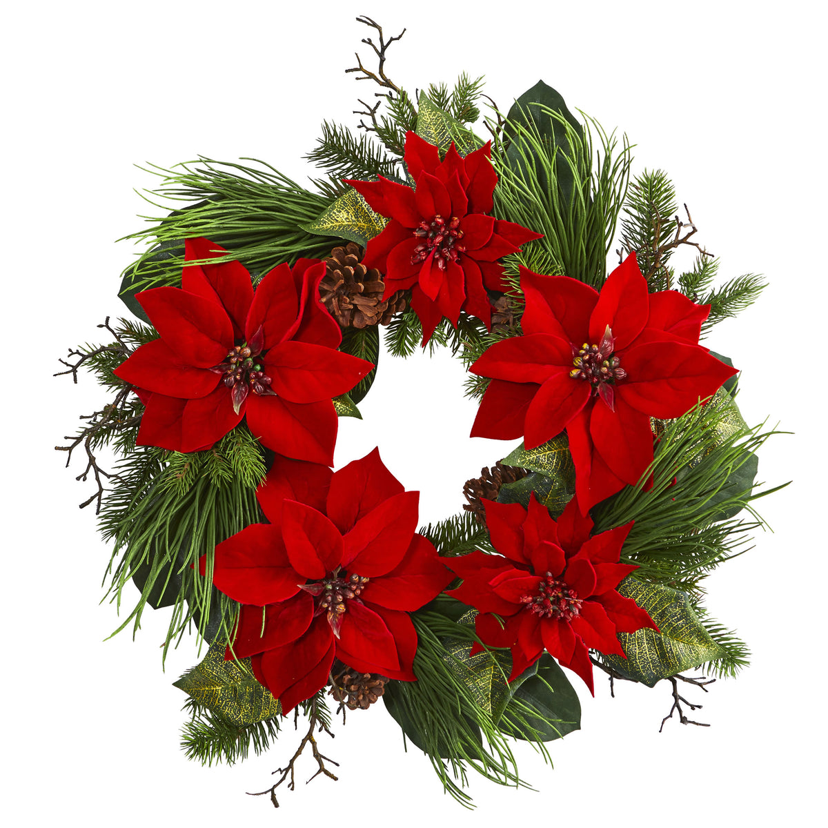 28" Poinsettia and Pine Wreath by Nearly Natural