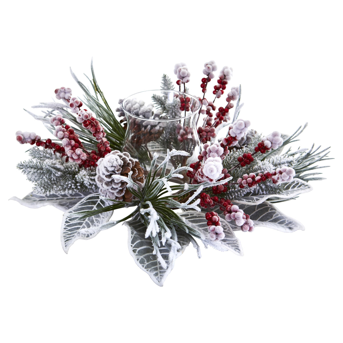 17" Snowy Magnolia Berry Artificial Arrangement Candelabrum by Nearly Natural