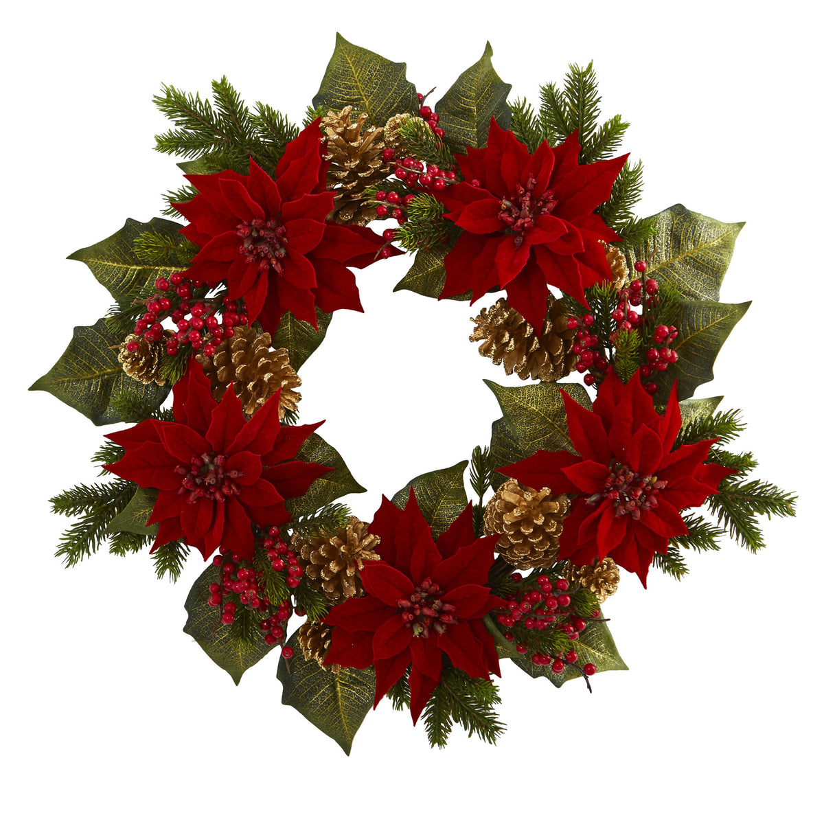 24" Poinsettia Berry and Golden Pine Cone Artificial Wreath by Nearly Natural