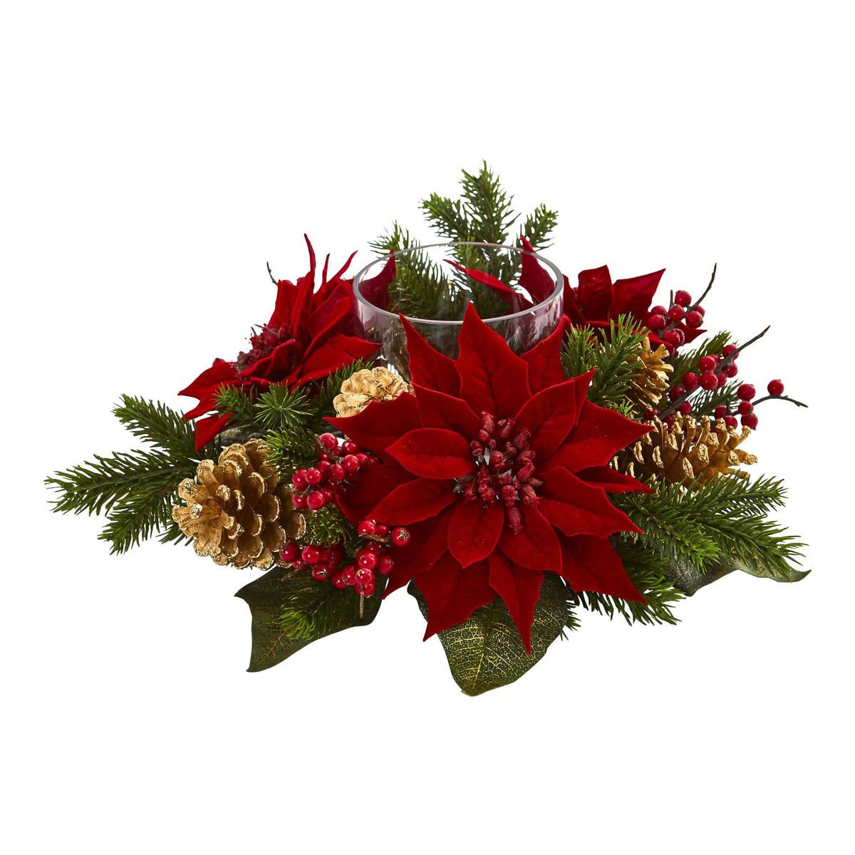14" Poinsettia Berry and Golden Pine Cone Candelabrum by Nearly Natural