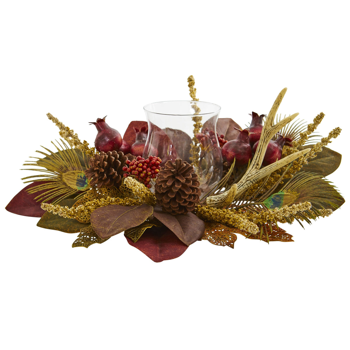 19" Magnolia Berry Antler and Peacock Feather Candelabrum by Nearly Natural