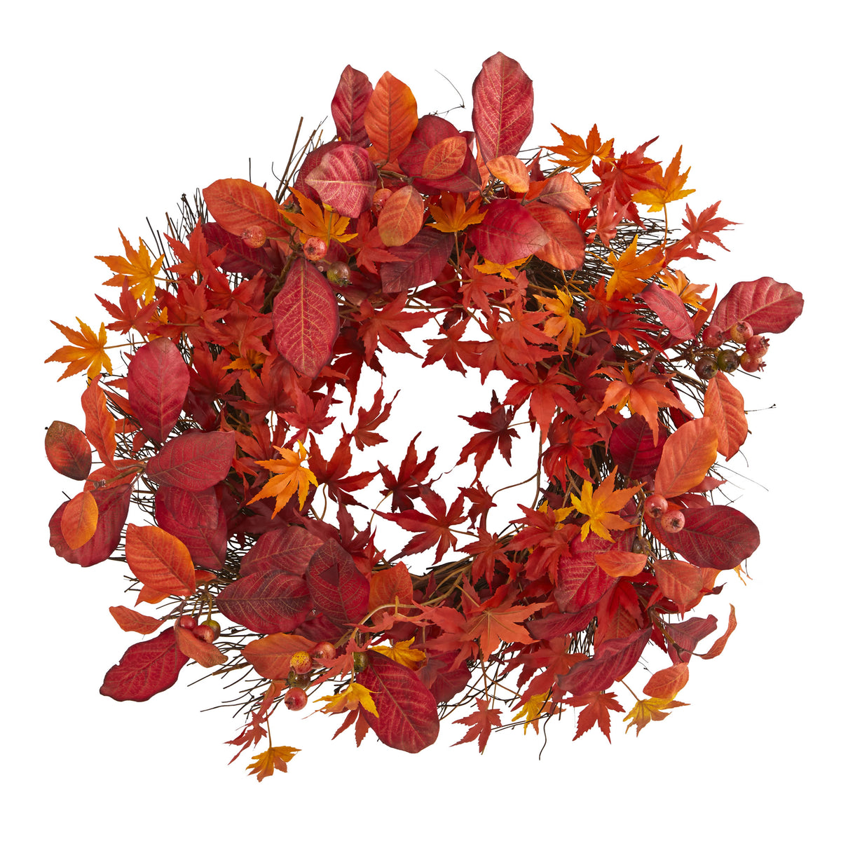 22"Japanese MapleMagnolia Leaf Berries Artificial Wreath by Nearly Natural