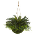 13" Cycas Plant in Mossy Hanging Basket (Indoor/Outdoor) by Nearly Natural