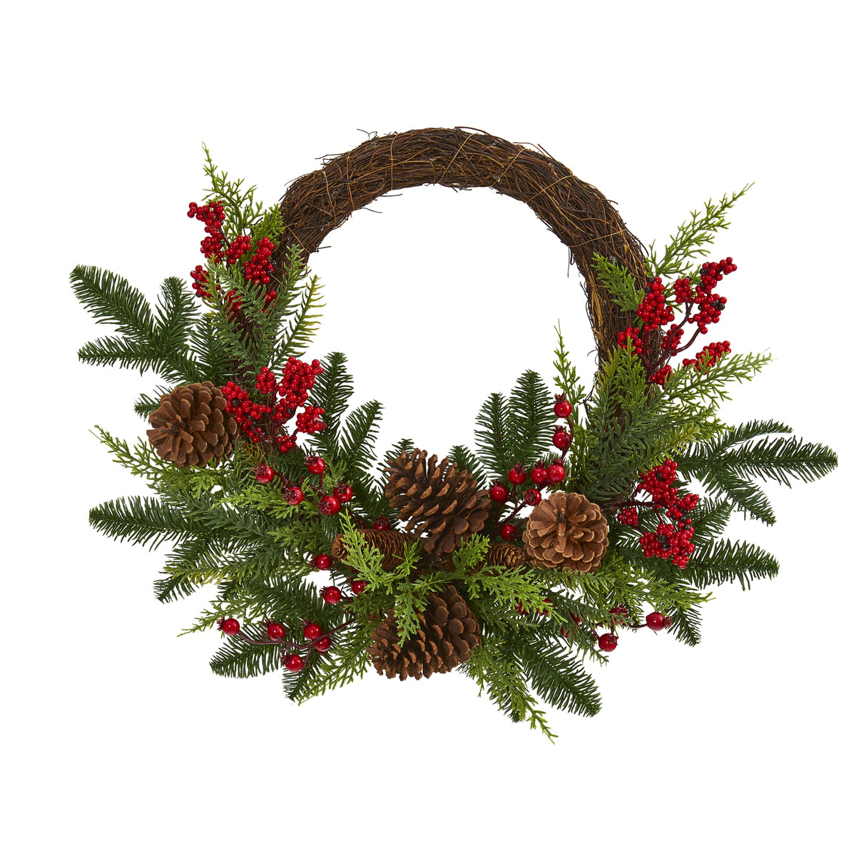 22" Mixed Pine and Cedar with Berries and Pine Cones Wreath by Nearly Natural