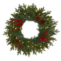24" Christmas Wreath w/50 LED Lights, Berries and Pine Cones by Nearly Natural
