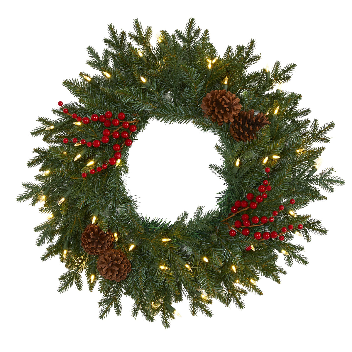 24" Christmas Wreath w/50 LED Lights, Berries and Pine Cones by Nearly Natural