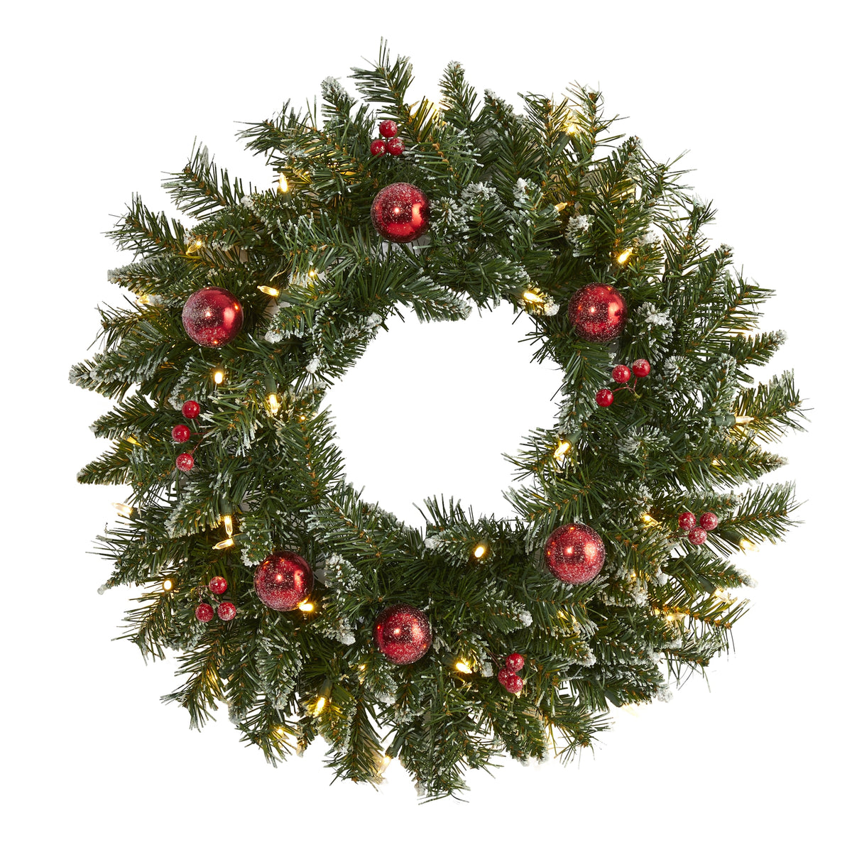 24" Frosted Wreath, 100 TPS, 50 LEDs, 6 pcs berry and 6 Orn by Nearly Natural