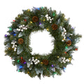 24" Snow Tip Xmas Wreath w/50 LEDs, White Berries & Cones by Nearly Natural