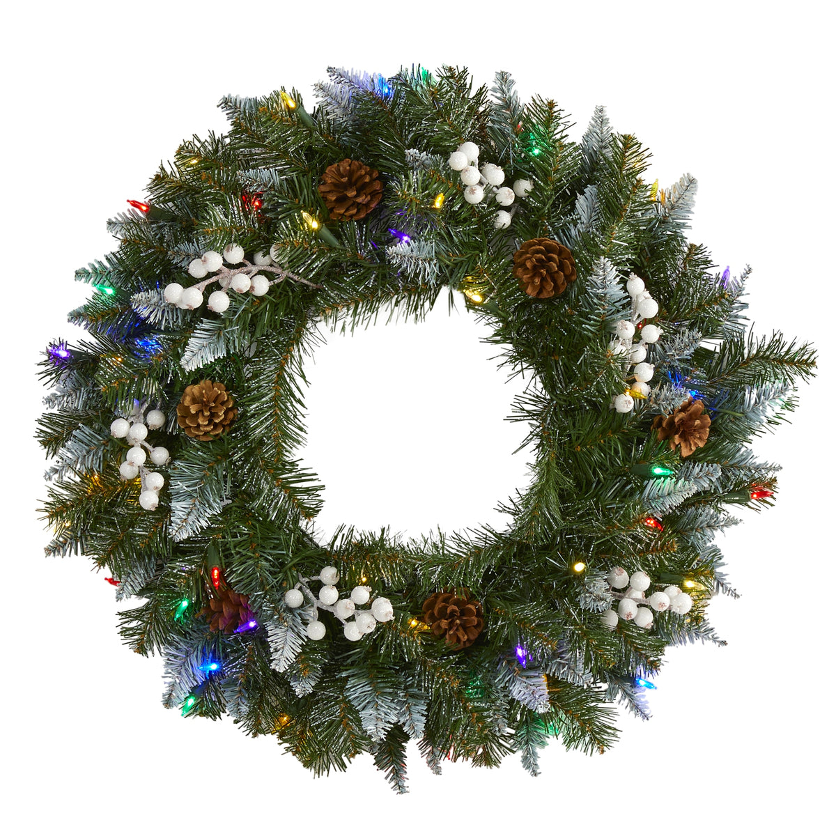 24" Snow Tip Xmas Wreath w/50 LEDs, White Berries & Cones by Nearly Natural