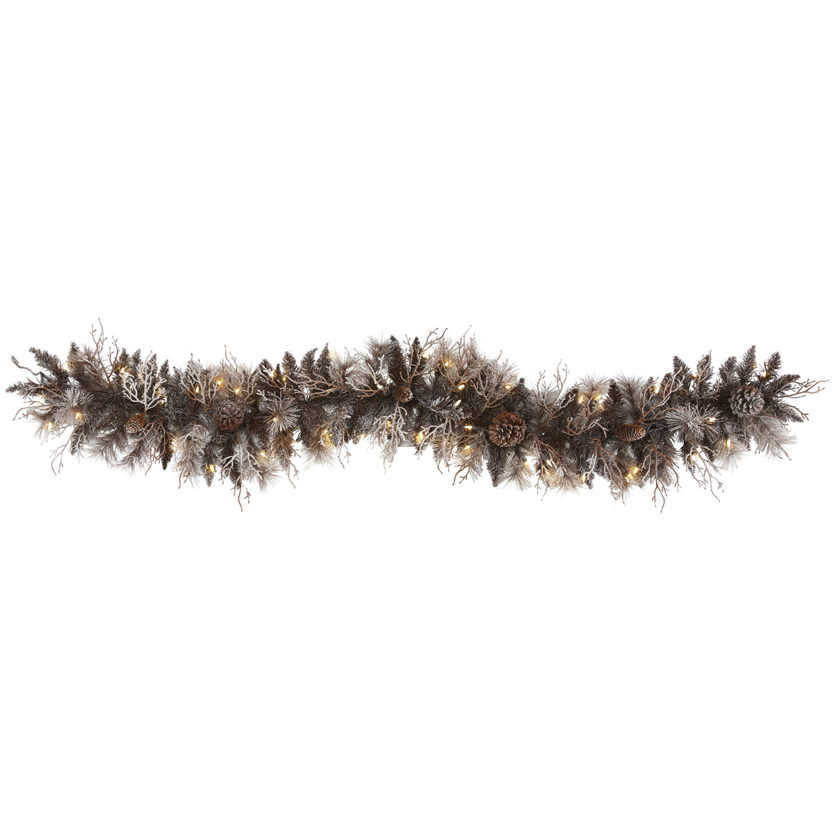 6' Flocked Xmas Garland w/50 LEDs 120 Tips & Pine Cones by Nearly Natural