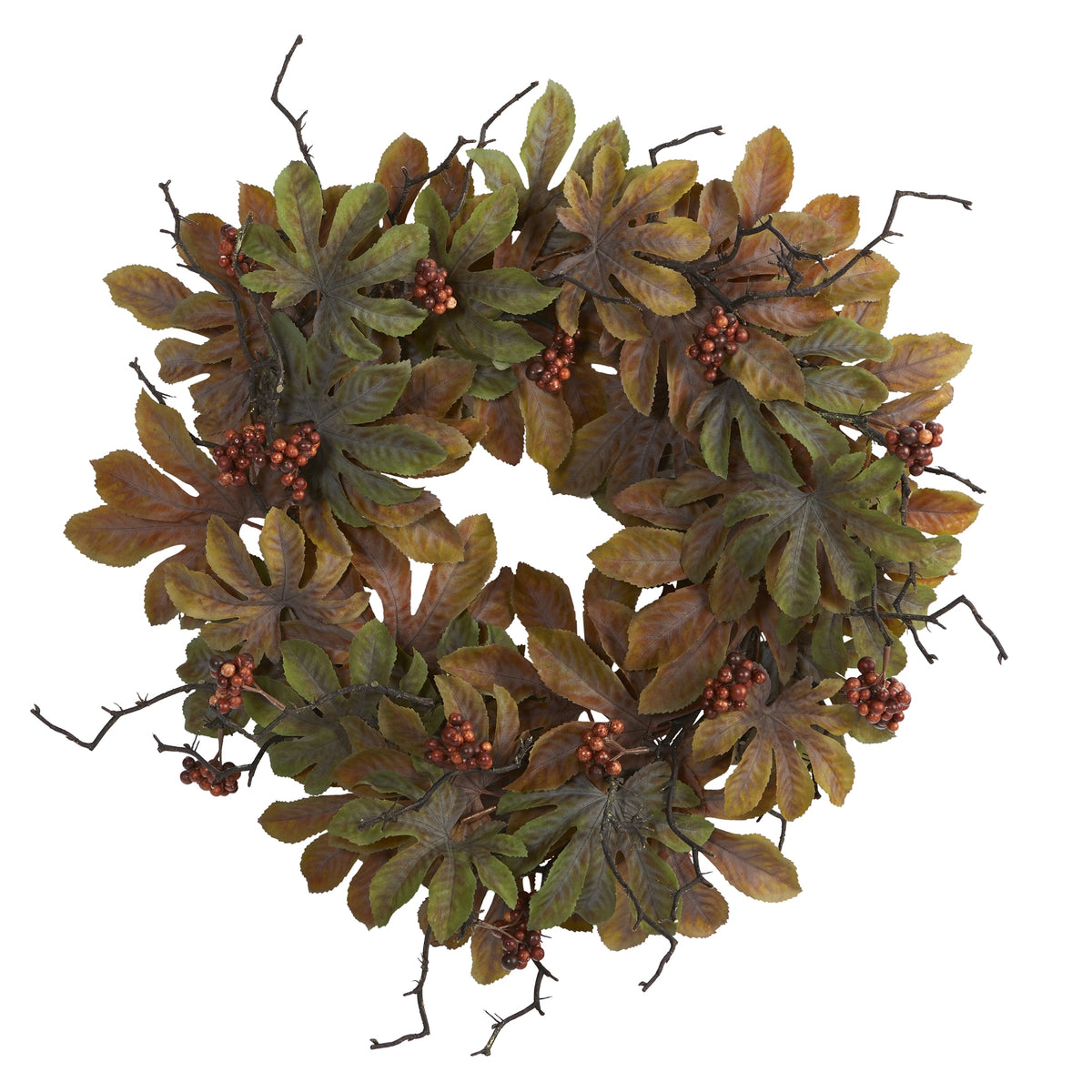 24" Fatsia with Berries Autumn Artificial Wreath by Nearly Natural
