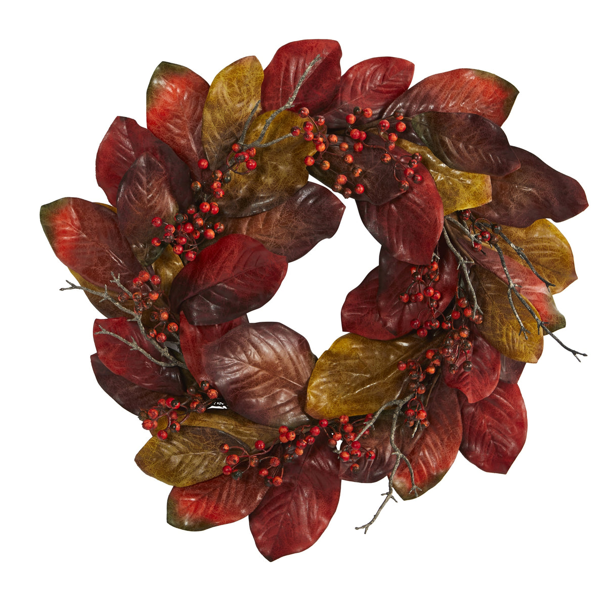 24" Harvest Magnolia Leaf and Berries Artificial Wreath by Nearly Natural