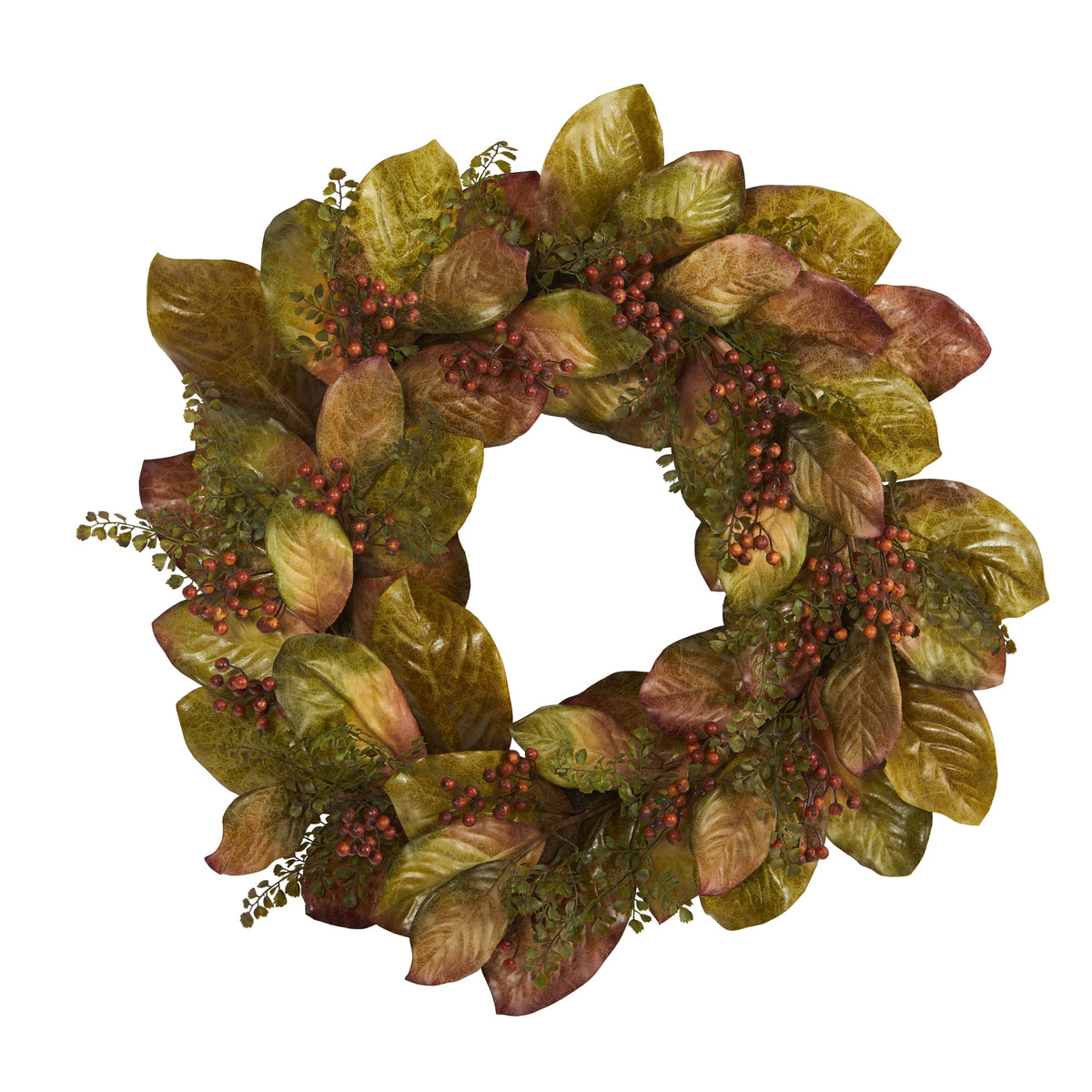 30" Fall Magnolia Leaf and Berries Artificial Wreath by Nearly Natural