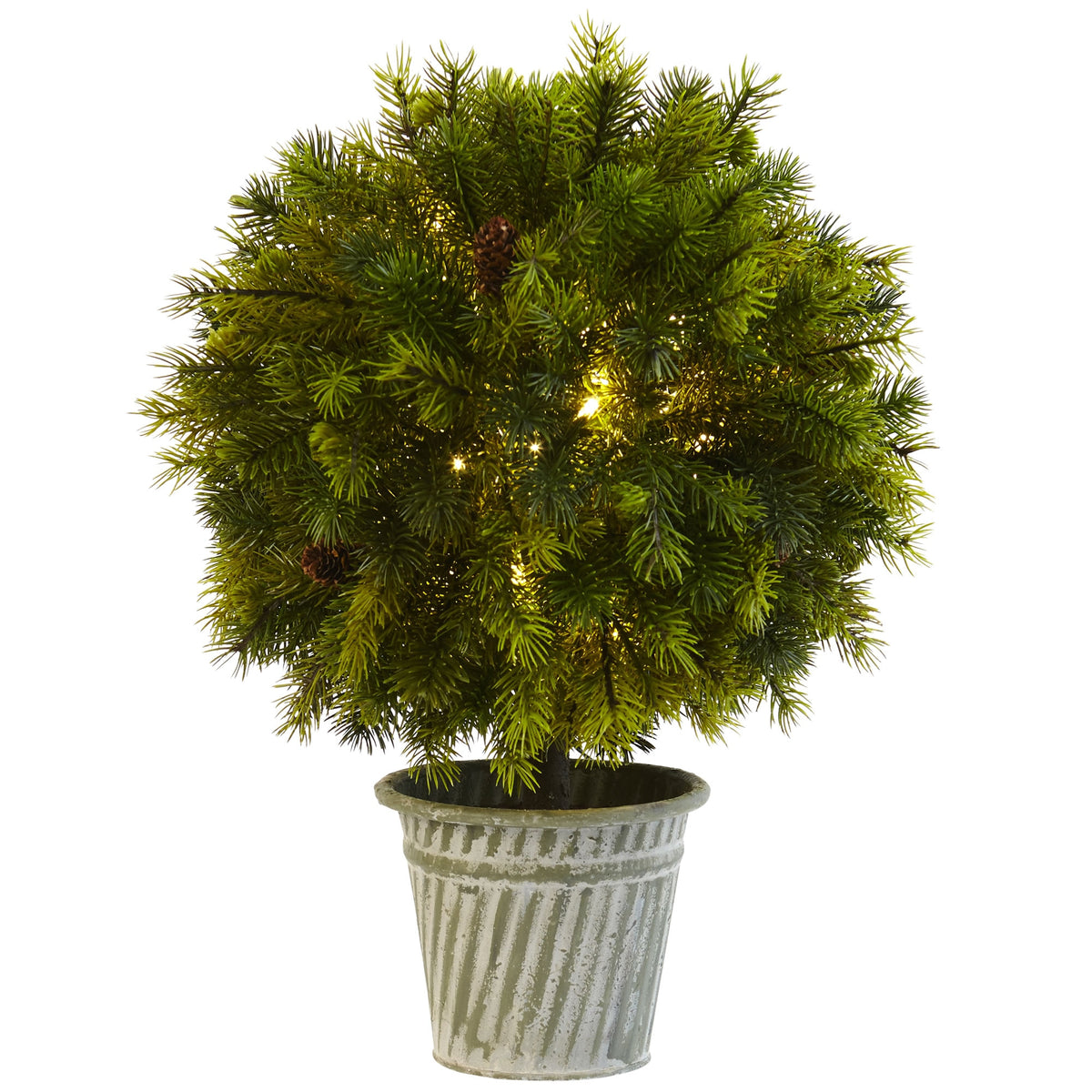 18" Pine Ball Topiary with Iron Planter and Lights by Nearly Natural