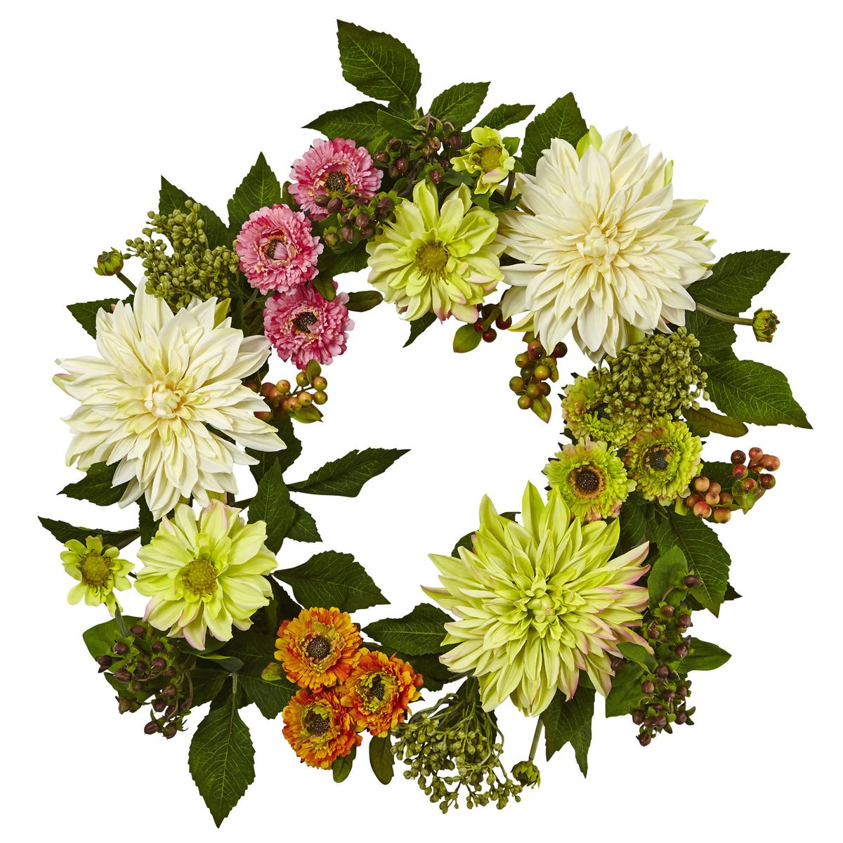 22" Mixed Dahlia and Mum Wreath by Nearly Natural