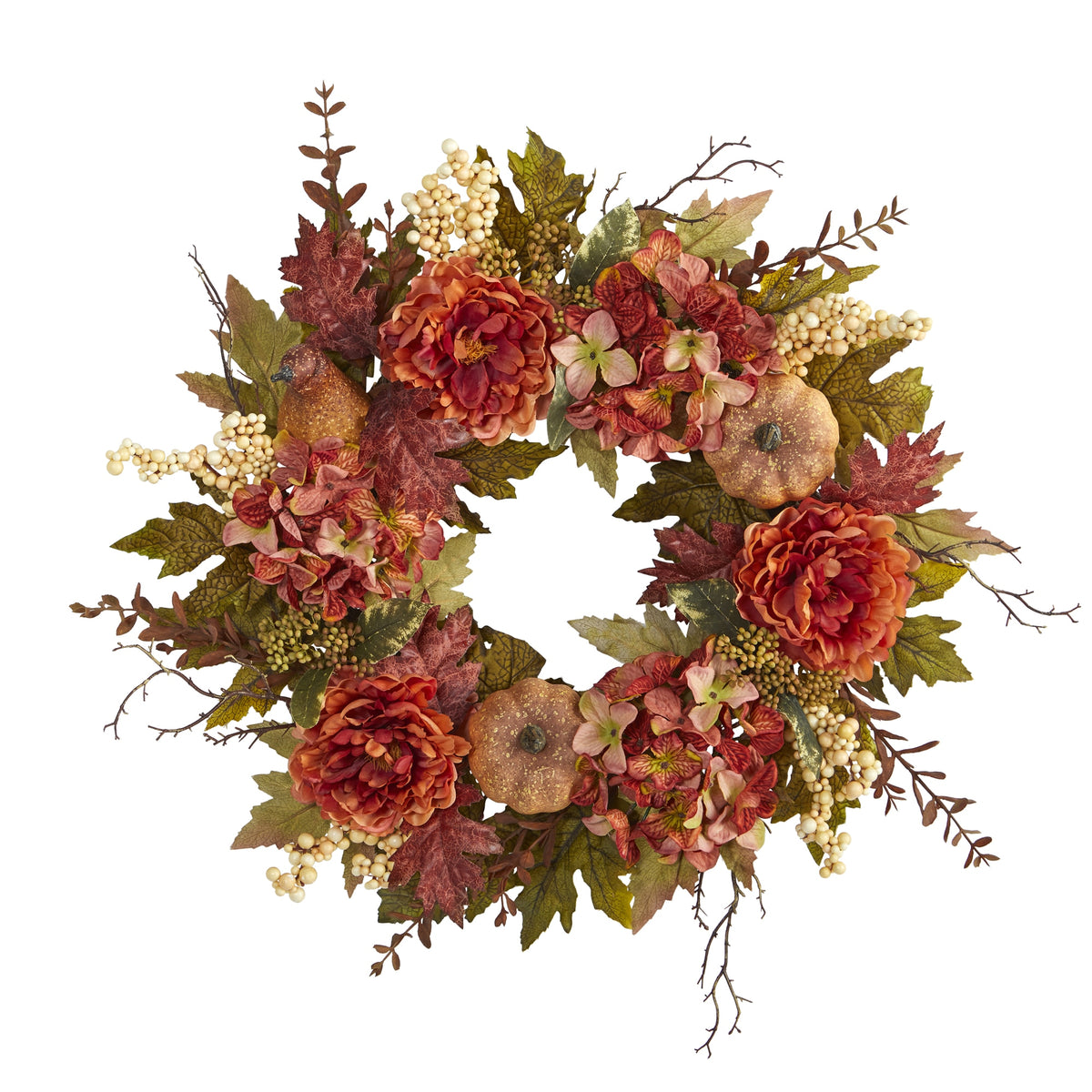 24" Peony Hydrangea and Pumpkin Fall Artificial Wreath by Nearly Natural