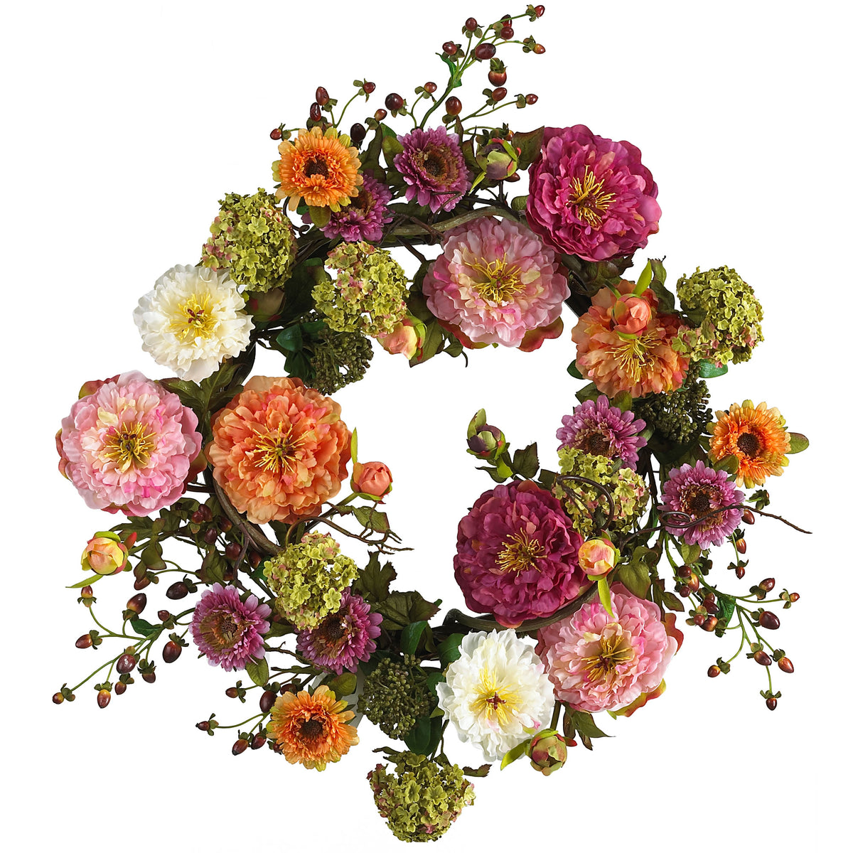24" Peony Wreath by Nearly Natural in Mixed
