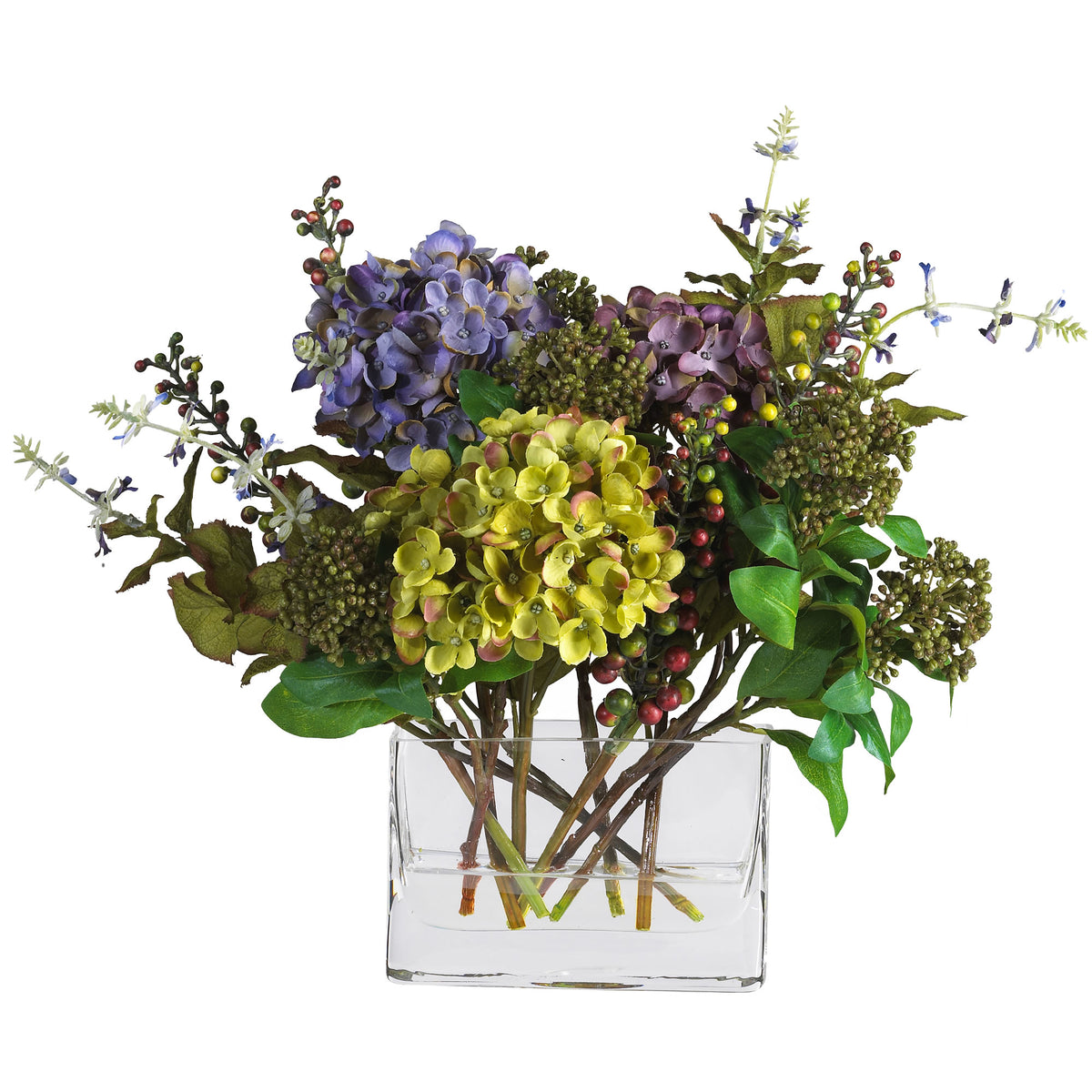 12" Mixed Hydrangea w/Rectangle Vase by Nearly Natural in Mixed