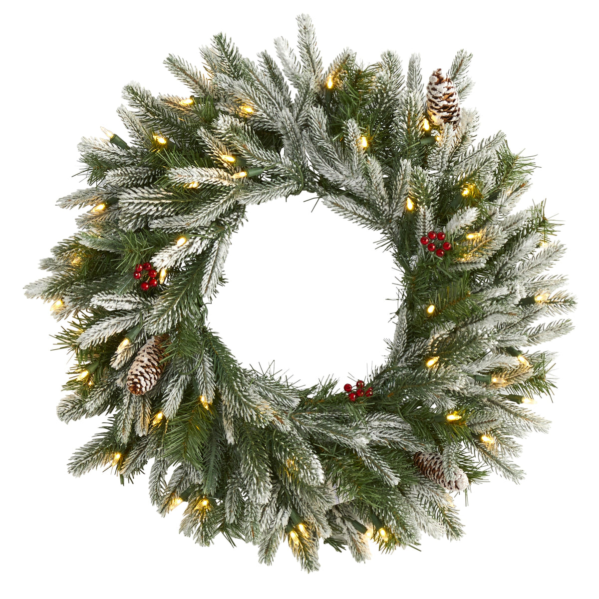 24" Christmas Wreath w/50 Clear LEDs 100 Tips & Pine Cones by Nearly Natural