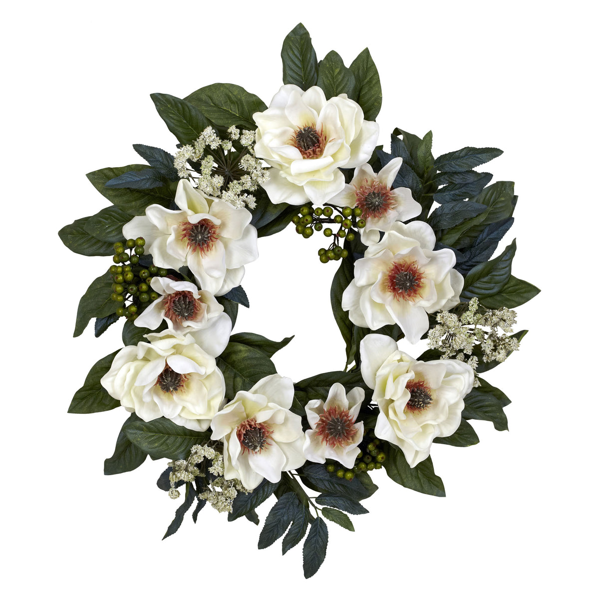 22" Magnolia Wreath by Nearly Natural in White