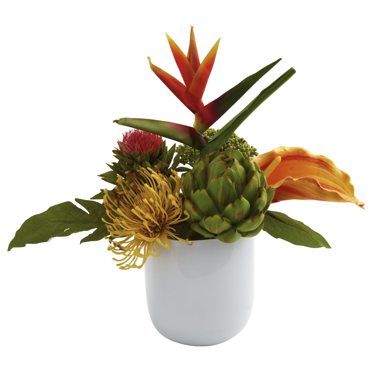 14" Tropical Floral Arrangement w/White Glass Vase by Nearly Natural