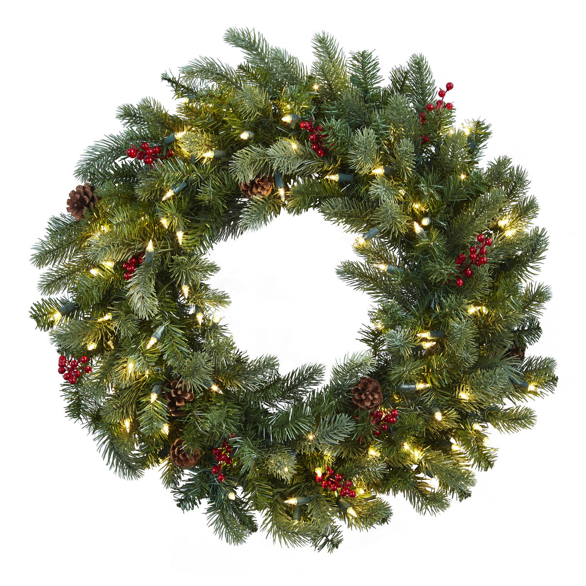 30" Wreath w/7 Cones 210 tips & 100 Clear Lights by Nearly Natural