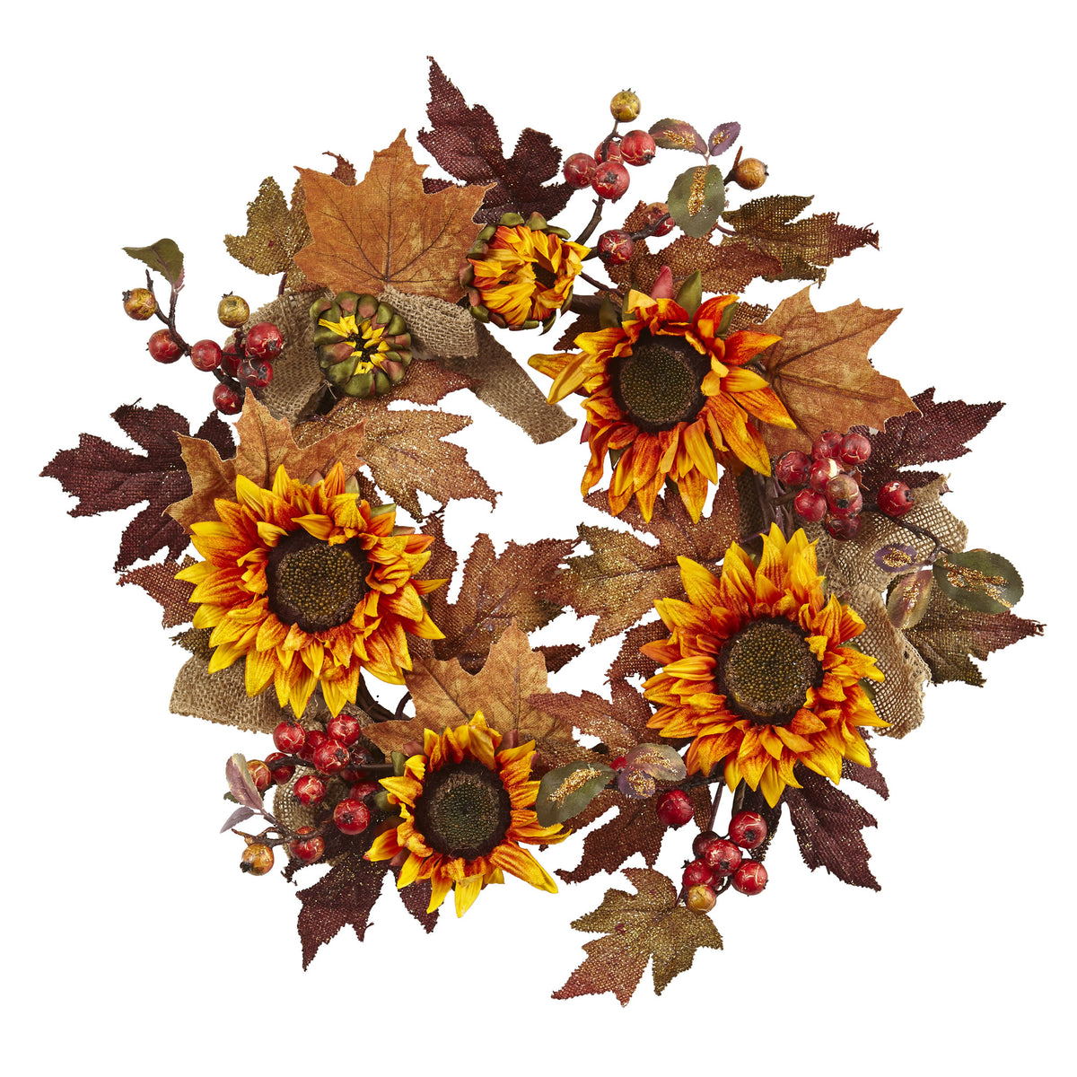 24" Sunflower/Berry Wreath by Nearly Natural