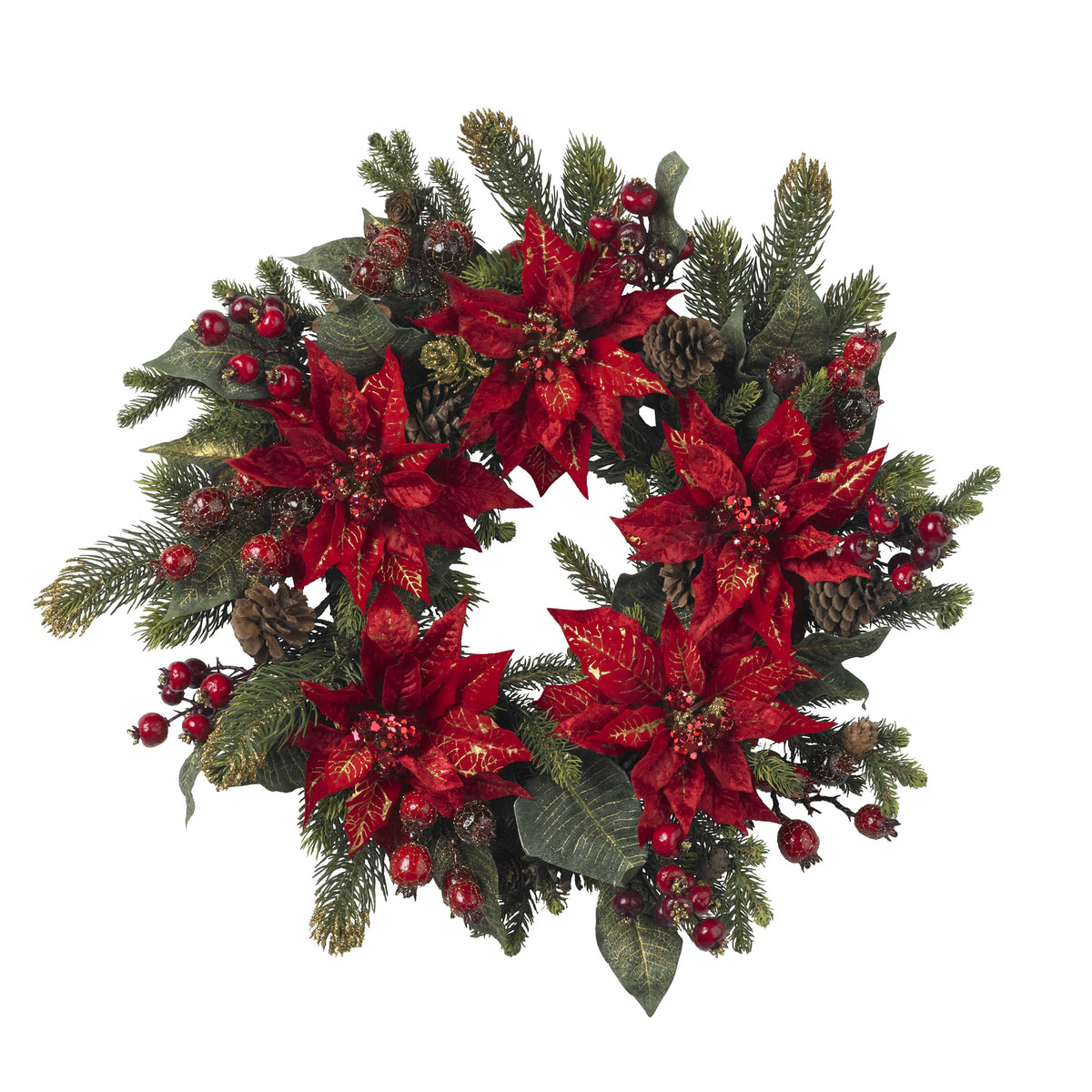24" Poinsettia & Berry Wreath by Nearly Natural in NA