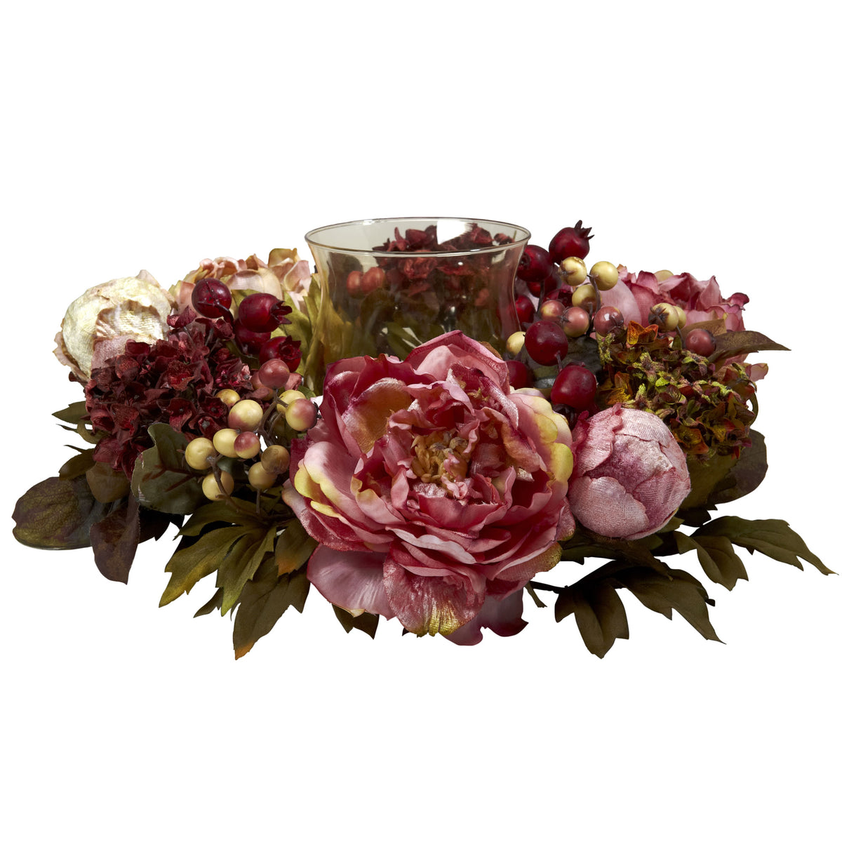 6.5" Peony Hydrangea Candelabrum by Nearly Natural in Red